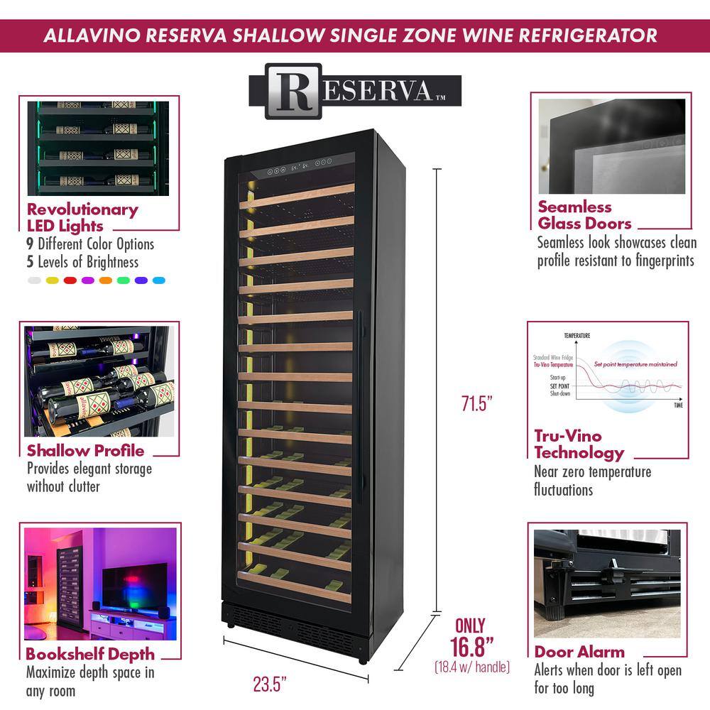 Allavino 67 Bottle Black Single Zone Wine Refrigerator with LED Lighting