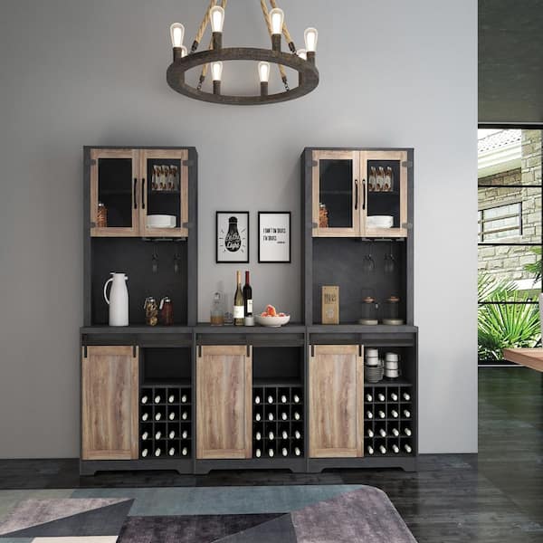 Boyel Living Dark Gray Particle Board 31.5 in. Sideboard Farmhouse Barn Door Bar Cabinet with Adjustable Shelves
