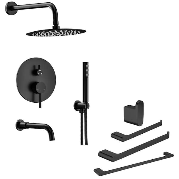 YAWWALK 10 in. Rainfall Double Handles 3-Spray Tub and Shower Faucet 2.5 GPM and Towel Racks in Matte Black Valve Included