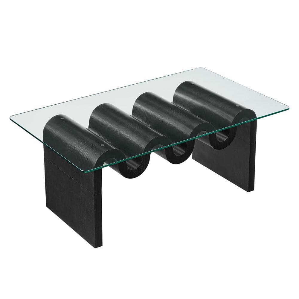Ondine Glass and Wood Specialty Coffee Table in Black - Retro Vintage 40 in. Squiggle