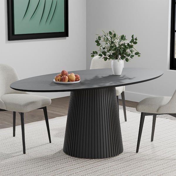 Oval Black Wooden Solid Wood 67 in. Wood Pedestal Base Dining Table Seats 6