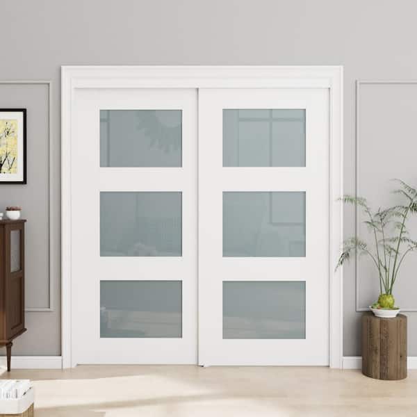 48 in. x 96 in. 3-Lites Frosted Glass Finished White MDF Closet Sliding Door with Hardware Kit