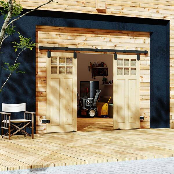 60 in. x 80 in. 6 Lite, Clear Glass, Solid Pine Wood, Light Brown Primed Exterior Sliding Barn Door with Hardware Kit