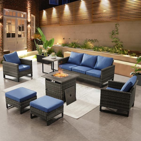 Gymojoy Valenta Gray 7-Piece Wicker Patio Conversation Set with Blue Cushions