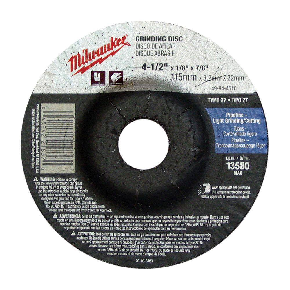 Milwaukee 4 1 2 In X 1 4 In X 7 8 In Grinding Wheel Type 27 49 94 45 The Home Depot