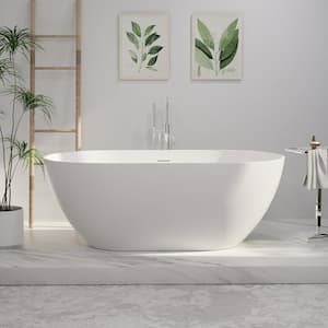 59 in. x 30 in. Solid Surface Soaking Freestanding Bathtub with Center Drain in White