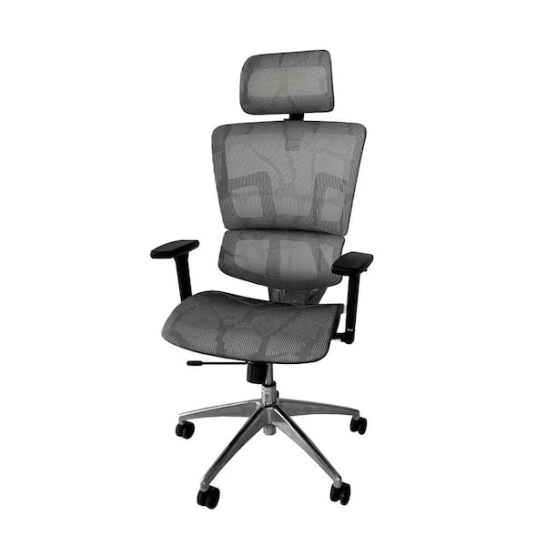 ErgoMax Gray Aluminum Office Chair w/ Adjustable Headrest & Armrests, 53 in. Max Height Ergonomic Height Adjustable, Back Relief