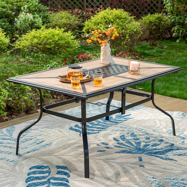 PHI VILLA Black Geometric Rectangle Metal Patio Outdoor Dining Table with 1.57 in. Umbrella Hole and Wood-Look Tabletop