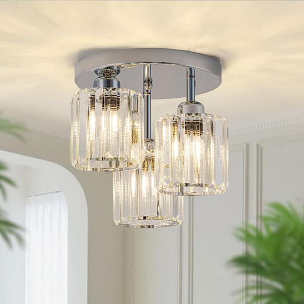 GoYeel 11.22 in. 3-Light Chrome Modern/Contemporary Semi-Flush Mount Ceiling Light with Crystal Glass Shade