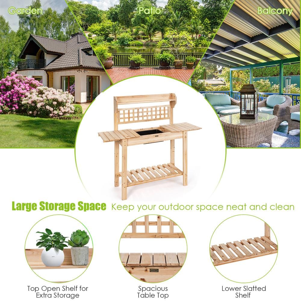 Natural Fir Wood Garden Potting Bench with Sliding Tabletop and Sink