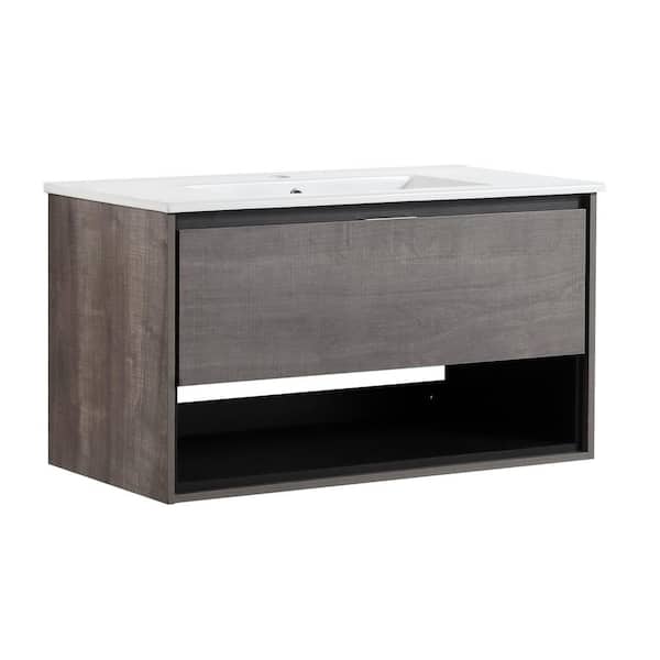 JimsMaison 36 in. W x 18 in. D x 20 in. H Bathroom Vanity Side Cabinet in Plaid Grey Oak with White Ceramic Top
