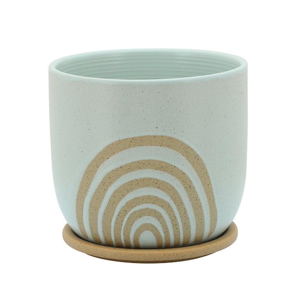 Flynama 8 in. Khaki Boho Rainbow Pattern Green Ceramic Planter Stand Plant Pot for Outdoor/Indoor (1-Pack)