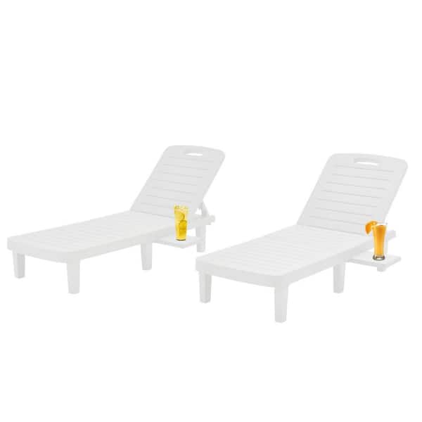 Anvil White 2-Piece Plastic Outdoor Chaise Lounge Patio Recliner Chair with Adjustable Backrest and Retractable Cup Holder