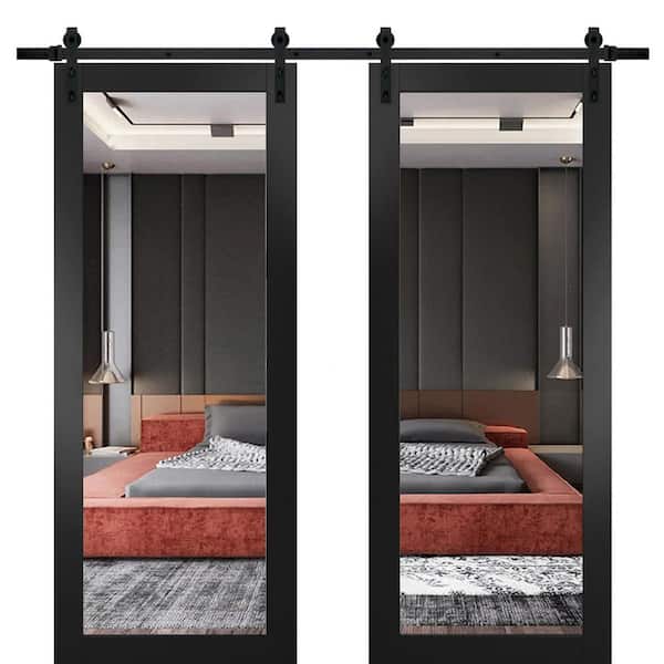 Sartodoors 36 in. x 84 in. 2 Panel Mirrored Glass Black Matte Solid Wood Sliding Barn Door with Hardware Kit