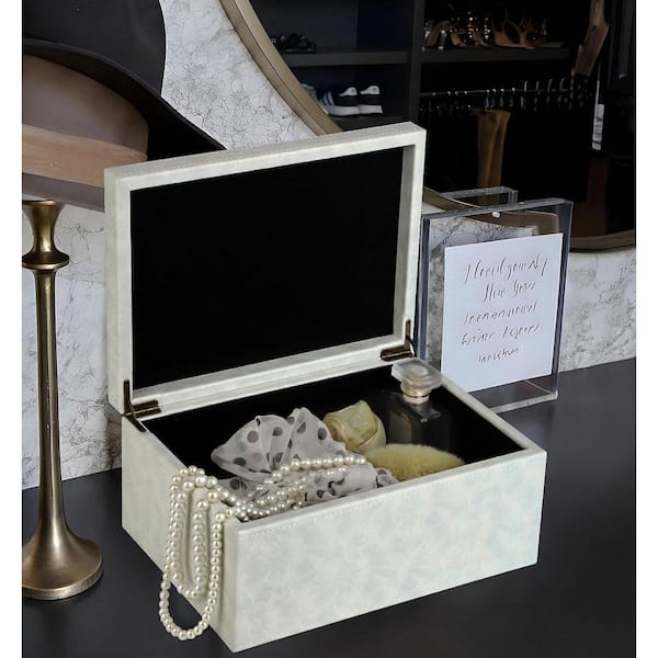 11 in. W Cream White Faux Leather Keepsake Box w/ Hinged Lid-Large