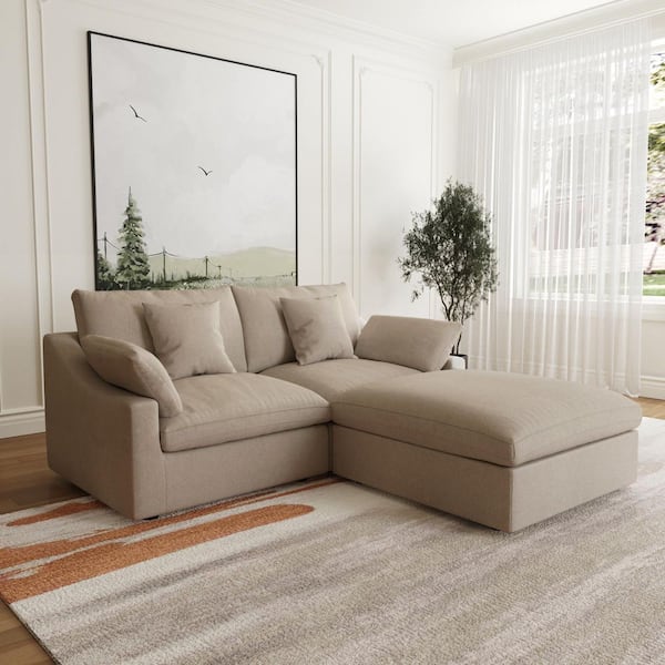 82.6 in. Square Arm 3-Piece Linen Wide Seat Modular Free Combination Sectional Sofa with Covers in Loveseat with Ottoman