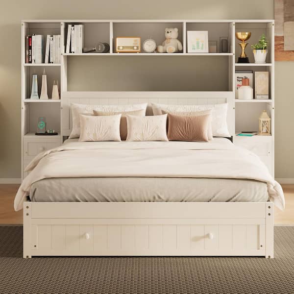 White Pinewood, MDF and Plywood Frame Full Panel Bed with Drawers, USB Charging Ports and Bookcase Headboard
