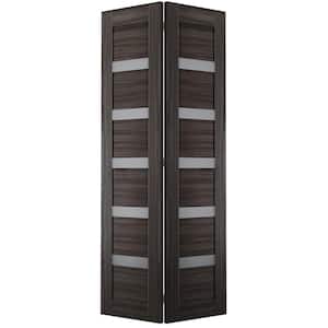 Leora 36 in. x 80 in. 5-Lite Frosted Glass Gray Oak Wood Composite Bi-fold Door