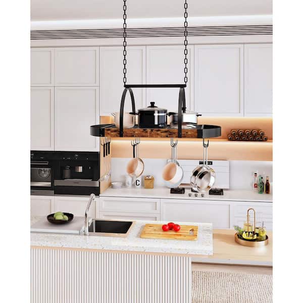 Hanging Pot Rack, Pot Hanger for Kitchen, Ceiling Mounted Pot Holder, Cookware Organizer with 12 S-Shaped Hooks, Brown