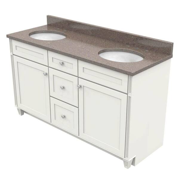KraftMaid 60 in. Vanity in Dove White with Natural Quartz Vanity Top in Obsidian and White Double Basin