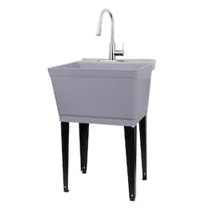 Complete 22.875 in. x 23.5 in. Grey 19 Gal. Utility Sink Set with Metal Hybrid Stainless Steel Pull-Down Faucet