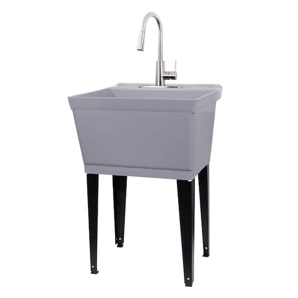 Tehila White Vanity Cabinet and White Utility Sink with Stainless Steel  Finish Low-Profile Pull-Down Faucet