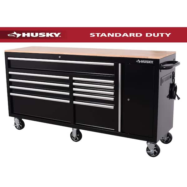 Husky Standard Duty 72 in. W x 20 in. D 10-Drawer Gloss Black Mobile Workbench Cabinet with Solid Wood Top