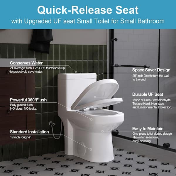 1-piece 0.8/1.28 GPF Dual Flush Round Toilet in White with Durable UF Seat Included