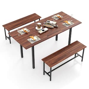 3-Piece Rectangle Walnut Wood Top Dining Room Set Seats 6