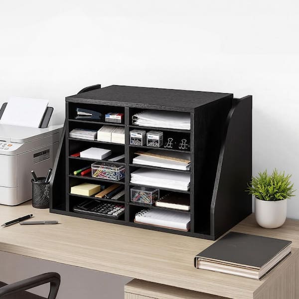 Literature Organizer w/ 12 Compartments Side Vertical Storage, Wooden  Black Desk Accessories 16.14 in. H x 11.81 in. W