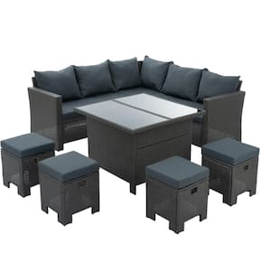 Black 8-Seat Rattan Wicker Outdoor Patio Sectional Sofa Tempered Glass Coffee Table & Ottomans with Grey Cushions