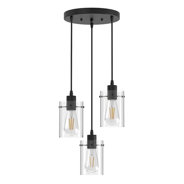 3-Light Matte Black Vintage Cluster Pendant Light with Clear Glass Shades for Kitchen or Dining Room
