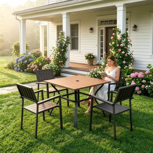 5pcs Outdoor Patio Dining Set, 4 Iron Chairs 350 Lbs Capacity +