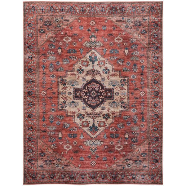 Machine Washable Brilliance Rust Mtc 8 ft. x 10 ft. Center Medallion Traditional Area Rug