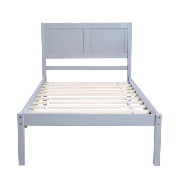 ANBAZAR Gray Twin Size Wood Platform Bed Frame with Headboard, Single Platform Bed Frame for Kids, No Box Spring Required