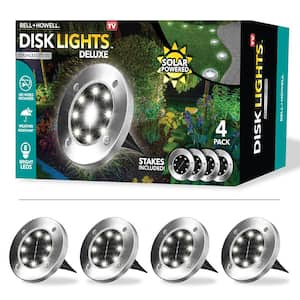 Solar Powered Stainless Steel Outdoor 8 Integrated LED Super Bright In-Ground Round Disk Path Lights Deluxe (4-Pack)