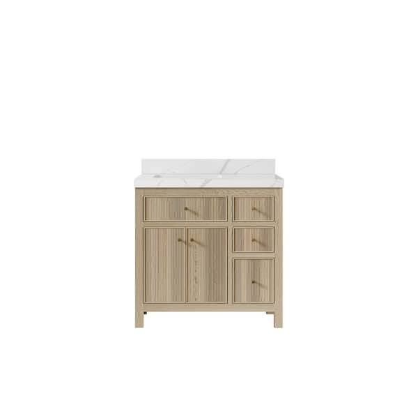 Willow Collections Sonoma Oak 36 in. W x 22 in. D x 36 in. H Left Offset Sink Bath Vanity in White Oak with 2" Calacatta Quartz Top