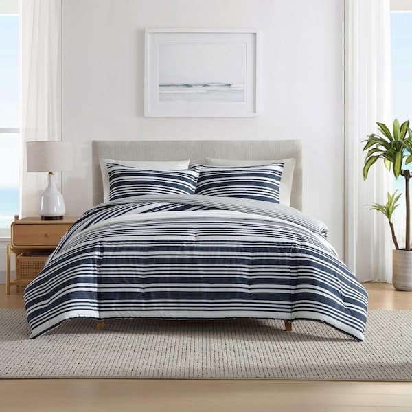 Coastline Stripe 3-Piece Captains Blue Cotton Full/Queen Duvet Cover Set