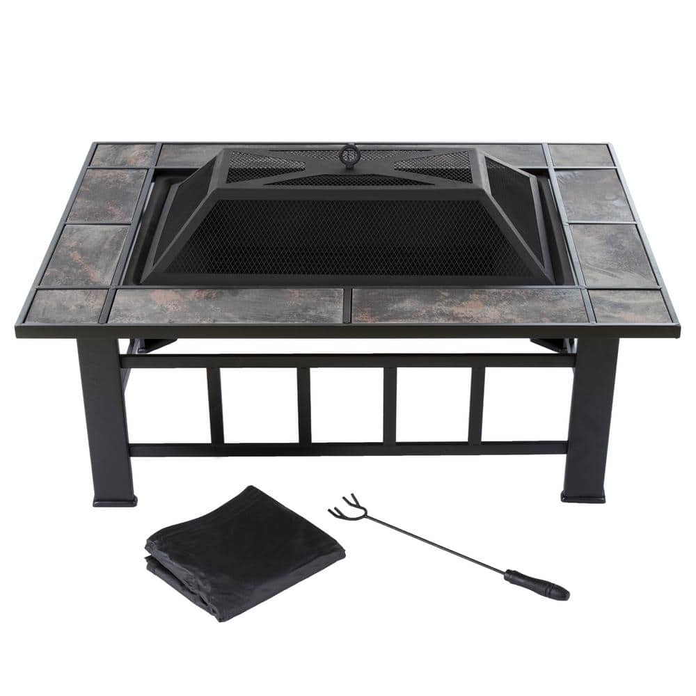 Pure Garden 37 in. Steel Rectangular Tile Fire Pit with Cover M150072