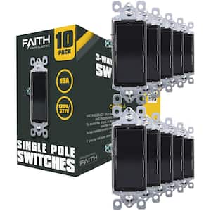 Decorator 15 Amp Single-Pole Paddle/Rocker Wall Light Switch in Black (10-Pack)