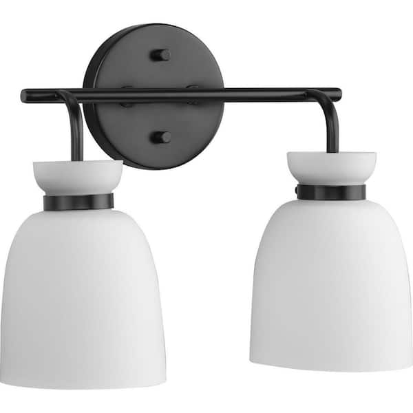 Progress Lighting Lexie 14 in. 2-Light Matte Black Vanity Light with Opal Glass Shade