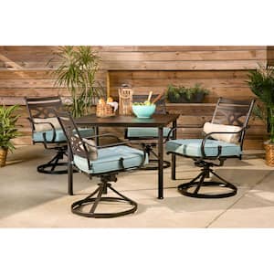 Montclair 5-Piece Metal Outdoor Dining Set with Ocean Blue Cushions, Swivel Rockers and Table