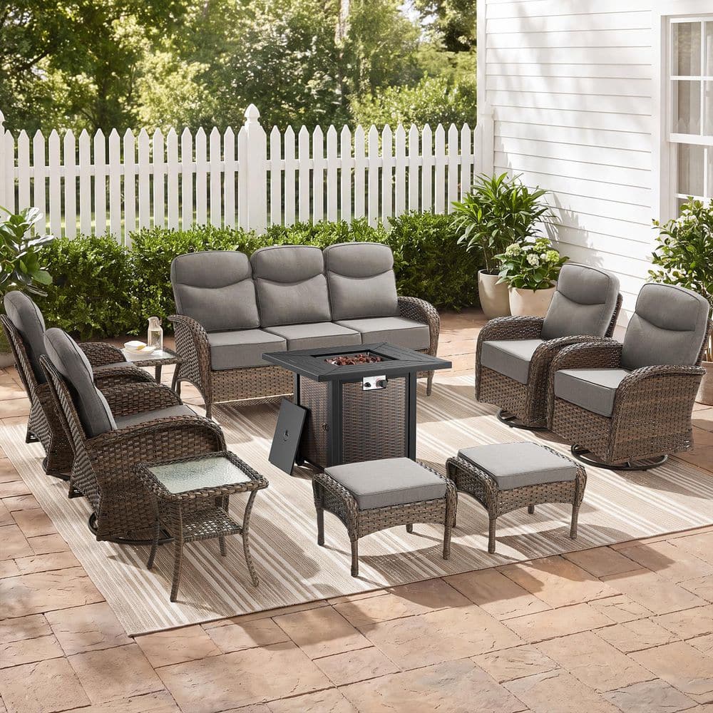 Goyal Brown 10-Piece Wicker Patio Fire Pit Conversation Sofa Set Outdoor Swivel Glider Chairs with 6 in. Gray Cushions price history on PriceWatchPro