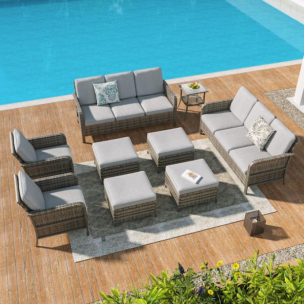 9-Piecess Patio Conversation Set Wide Armrests Patio Sofa with Side Table Set Gray Wicker with Linen Gray Cushion