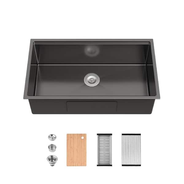 33 in. Undermount Single Bowl Black Stainless Steel Kitchen Sink with Drain, Cutting Board, Drainage Basket Roll-UP Rack