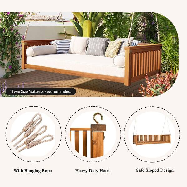 2-Person Teak Acacia Wood Patio Porch Swing, Twin Size Garden