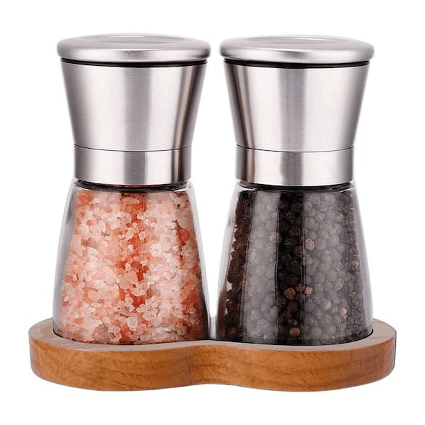 Salt and Pepper Grinder Set w/ Wooden Stand, Adjustable Ceramic Mill, Brushed Stainless Steel, Glass Jar, 8oz Capacity