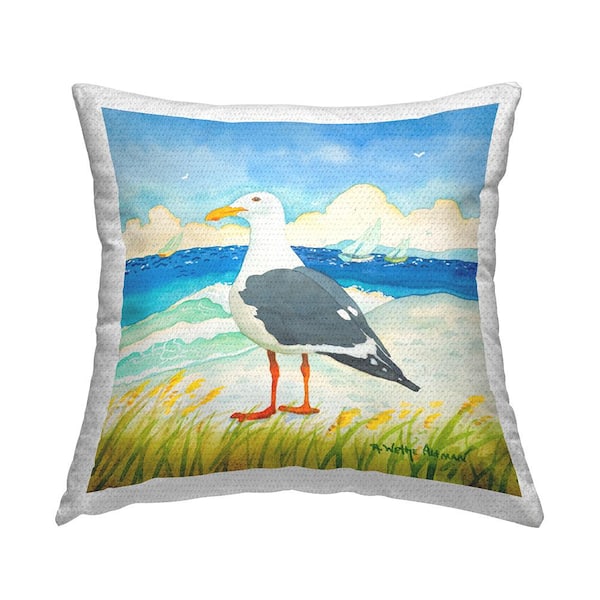 Stupell Industries Seagull on Summer Shore Blue Square Outdoor Throw Pillow