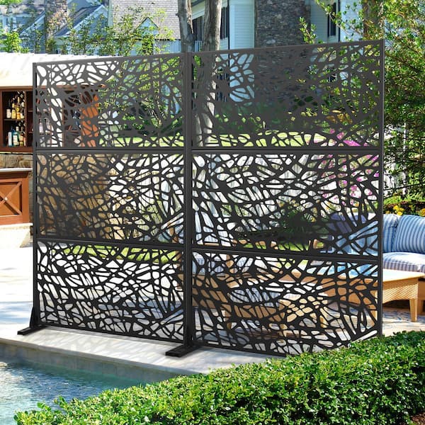 72 in. H x 47 in. W Metal Privacy Screen for Deck Patio Balcony Garden, Freestanding Decorative Privacy Screen, Black