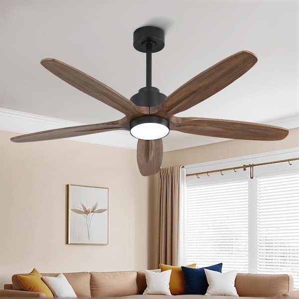 54 in. (4.5 ft. ) 5 Solid Wood Blades Indoor Standard Ceiling Fan with Integrated LED and Remote Walnut Down-Rod